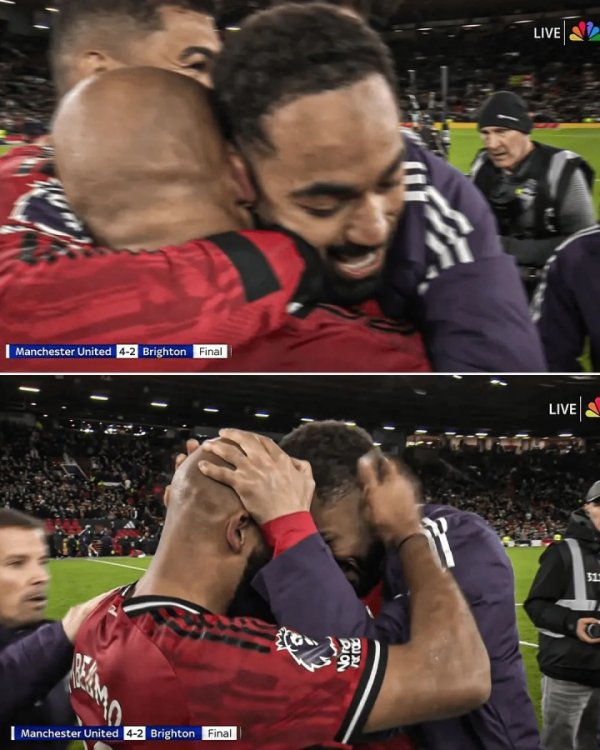 蜂王与狼王！赛后曼联两大新援姆伯莫和库尼亚紧紧拥抱庆祝获胜