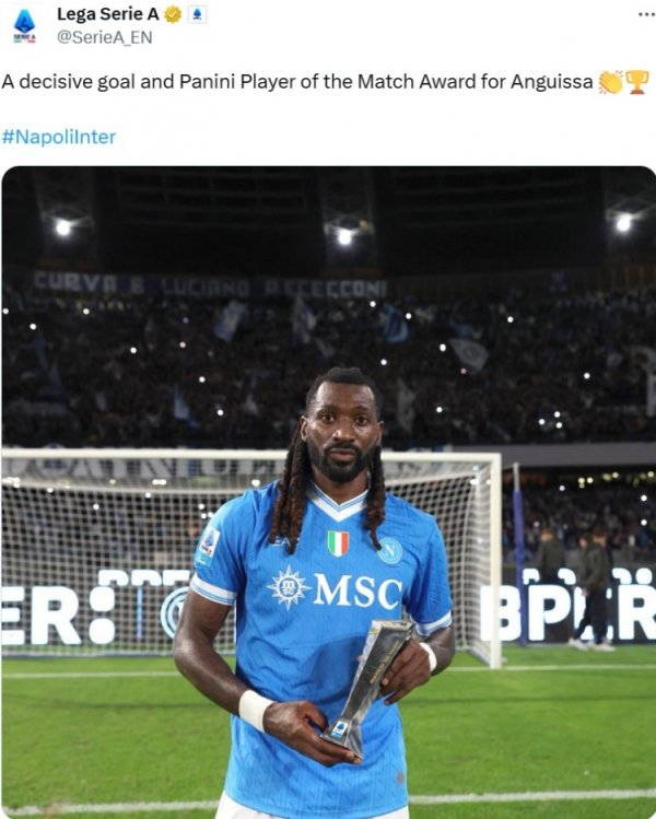 长途奔袭破门，意甲官方：安古伊萨当选那不勒斯3-1国米全场最佳