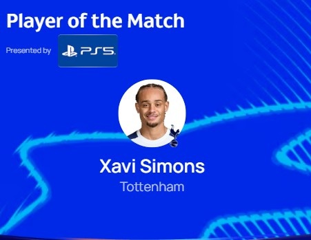 1助功  +4关键传送球  ，官方：哈维-西蒙斯当选热刺4-0哥本哈根最佳